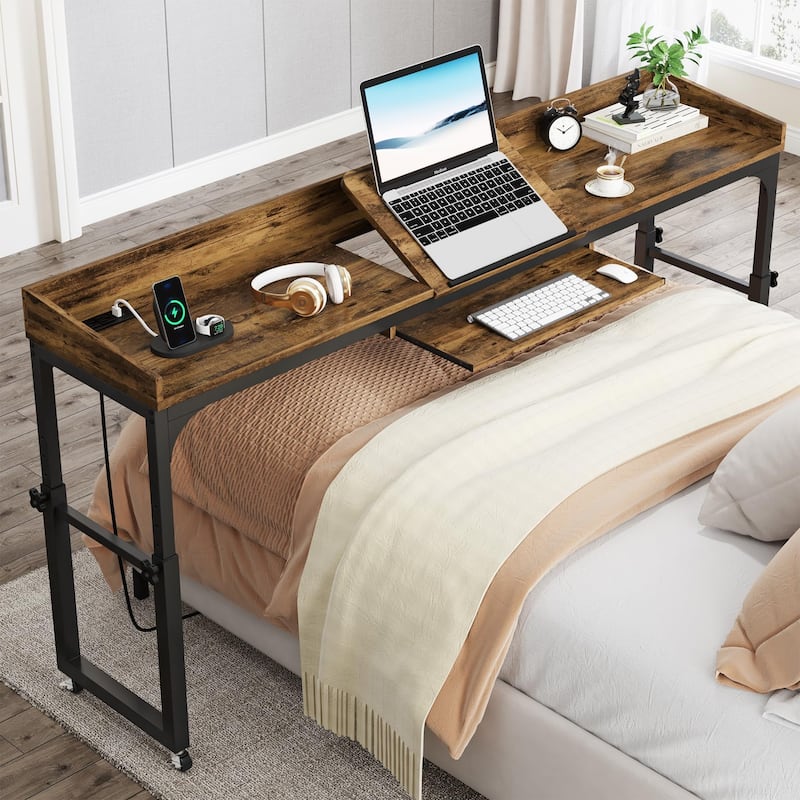 Height Adjustable Overbed Table with Wheels, Mobile Laptop Cart with Outlets & USB Ports - Brown
