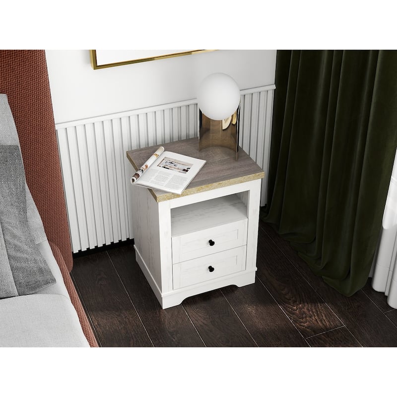 Farmhouse Nightstand, End Table, Side Table with 2 Drawers Storage Cabinet for Bedroom, Living Room, Farmhouse Design