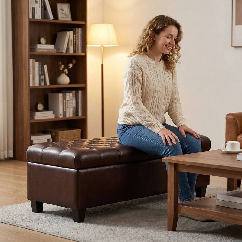 50.25" Brown PU Leather Storage Ottoman Bench with Safety Hinges