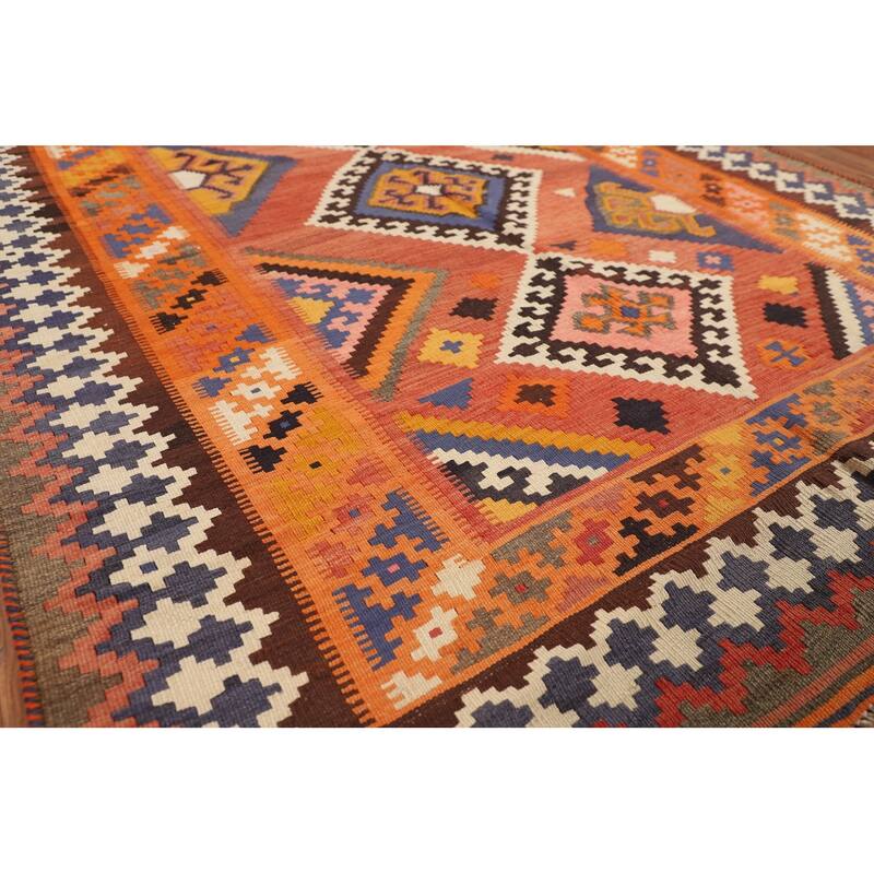 Orange Kilim Qashqai Persian Vintage Area Rug Hand-Woven Wool Carpet - 5'2"x 8'11"