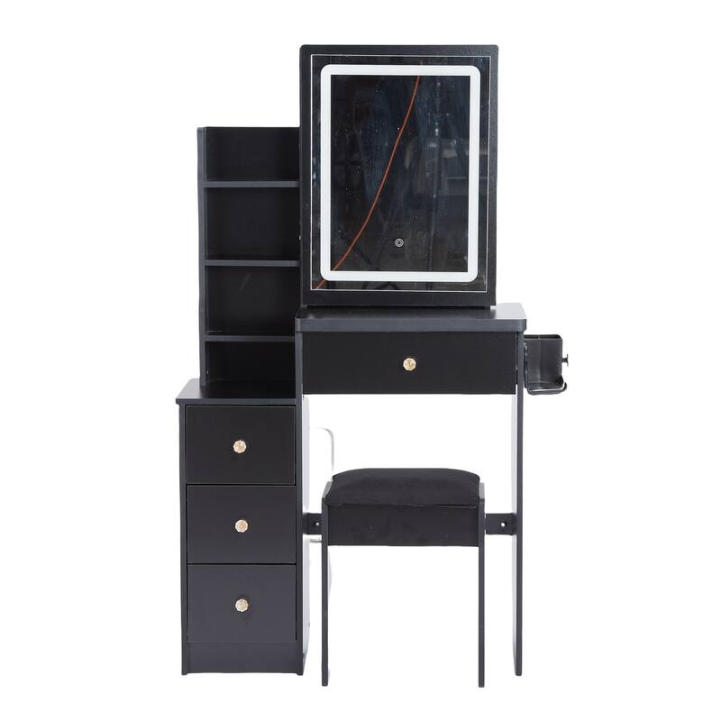 Dressing Table Set, 29.2" Vanity w/ LED Mirror, Charging Station,Stool - Black