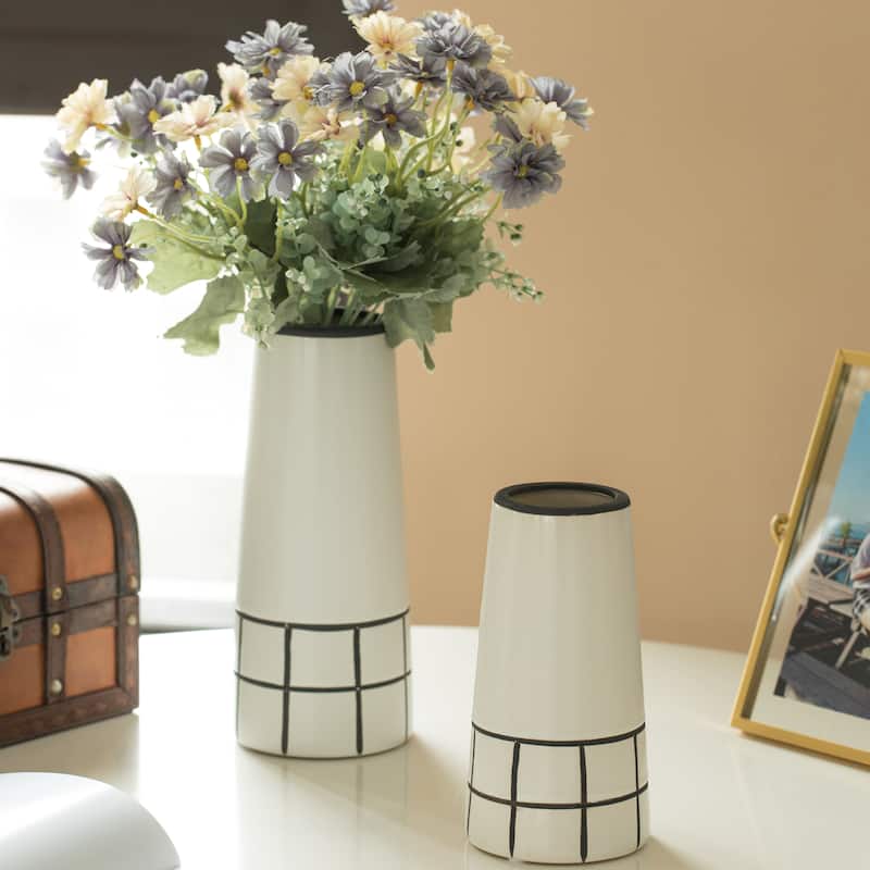 Ceramic Modern Painted Grid Tapered Flower Table Vase, Black and White