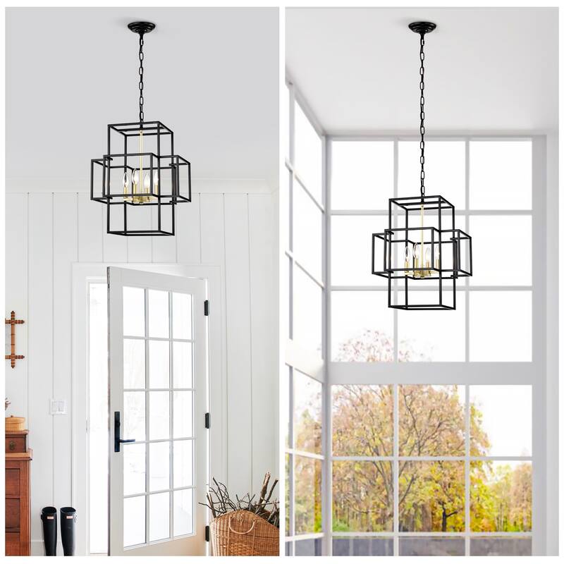 Industrial 4-Light Matte Black Farmhouse Lantern Chandelier, for Dining Room and Kitchen, E12 Bulbs Not Included