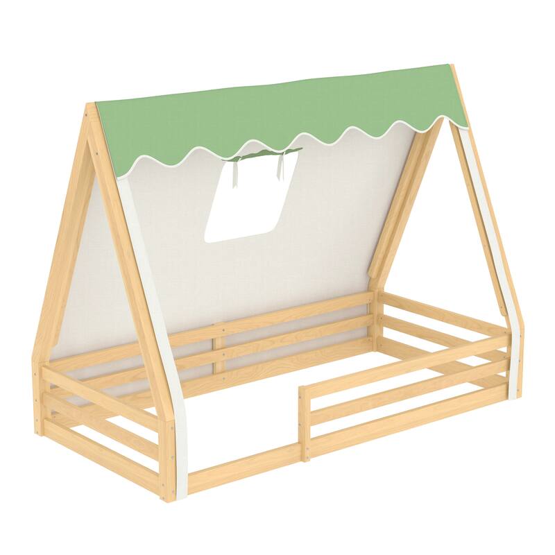 House Floor Bed with Tent and Light Montessori Kids Wood Bed Frame