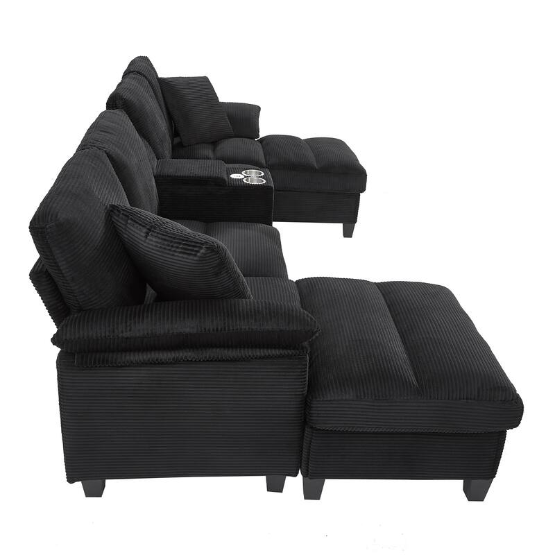 Roomfitters U-Shaped Sectional Sofa 116.9" Corduroy Upholstered Couch with Storage Ottomans, Cup Holders and USB Ports