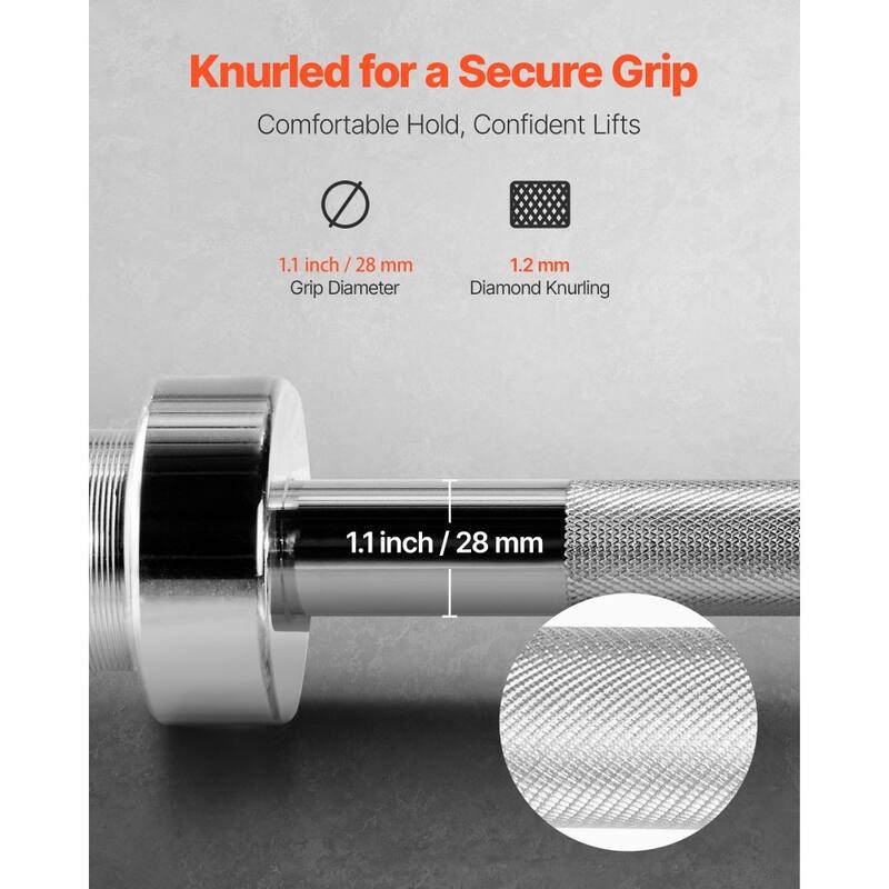 Silver Solid Steel Barbell with 500lbs Capacity and Rotating Sleeves and Knurled Grip