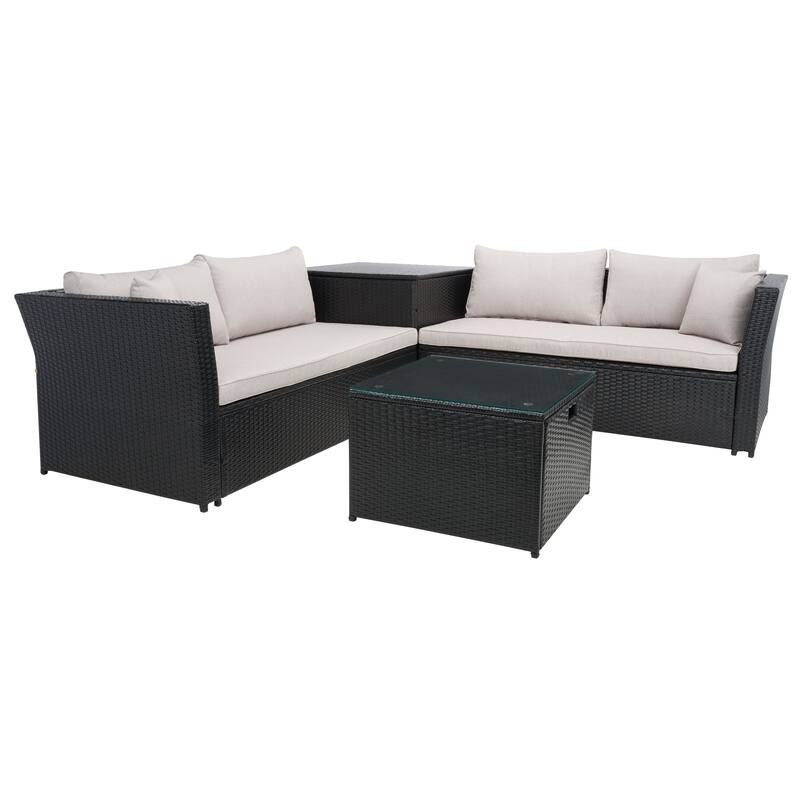 SAFAVIEH Helga Outdoor 4-Piece Conversation Patio Set with Storage - 57"W x 31"D x 26"H