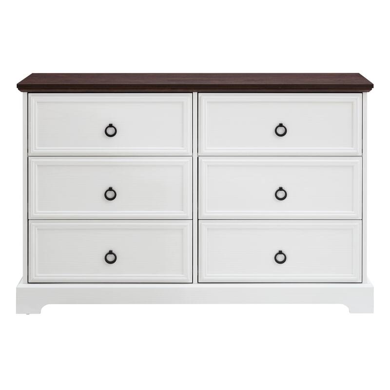 GDFStudio - White Modern Farmhouse 6-Drawer Dresser with Oak Grain Top and Smooth Metal Slides