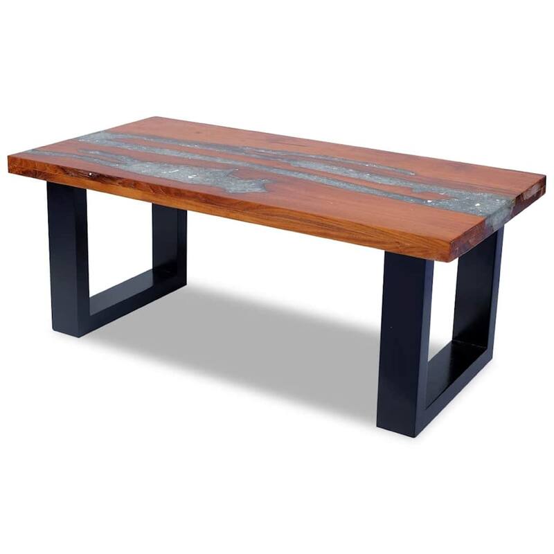 Coffee Table, 39 Inch Brown Mango Wood Top, Black Sled Base