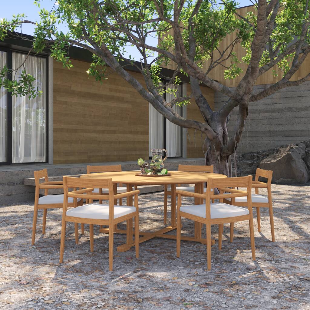 Oxford Garden Lido 7-Piece 67" Teak Round Dining Table & Armchairs Set - Teak - Sunbrella Bliss Linen Cushions