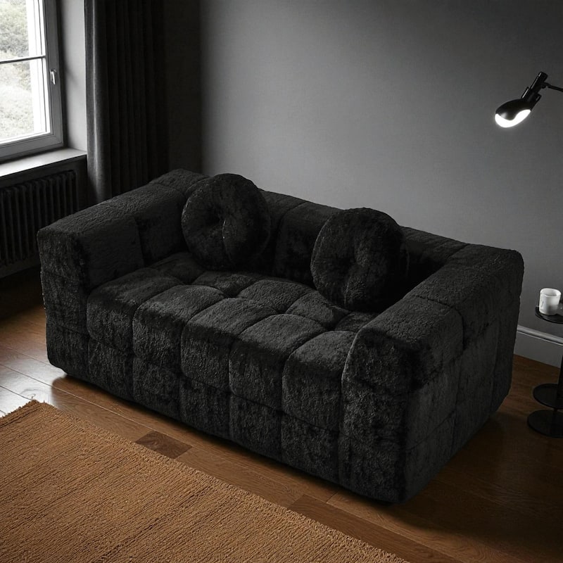 66.5" Modern Boneless Cloud Sofa, 2-Seater Foam Couch with Checkered Design & Plush Lychee-Textured Fabric, Circular Pillows