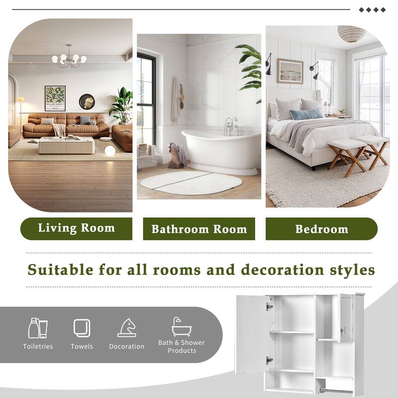 29" x 28" Over The Toilet Bathroom Storage Cabinet with Towel Bar Wall Mirror Cabinet with Closed Cupboard and Open Shelf