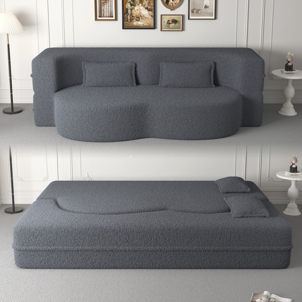 Floor Sofa with 2 Pillows,15" Full Size Folding Mattress,Grey