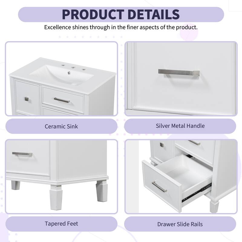 30 " bathroom vanity with ceramic sink with 4 drawers
