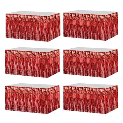 6 Pack 29x108 Inch Red Metallic Foil Fringe Tinsel Table Skirts