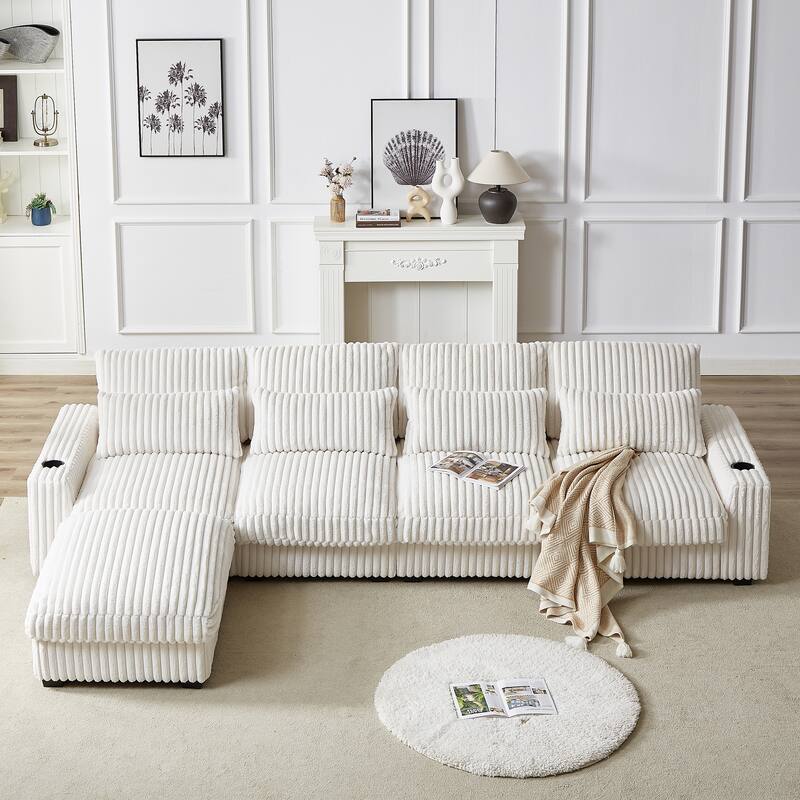 Modern 126-inch Corduroy Sofa with 4 Cushions, Movable Footrest, USB Ports, and Cup Holders