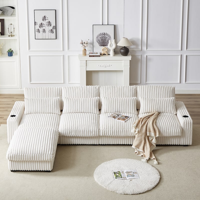 Super Large 126-Inch Corduroy L-Shaped Sofa with Cup Holders, USB Port, Movable Footrest, and 8 Cushions.