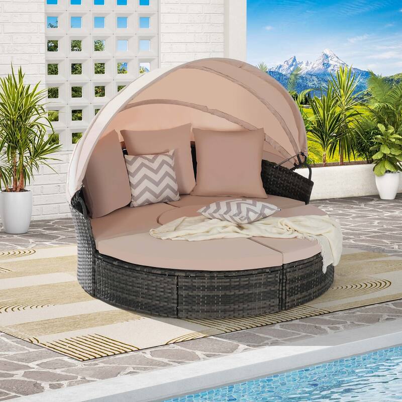 5-Piece Outdoor Patio Conversation Set Wicker Daybed Set with Canopy, Storable Table&Soft Cushions - Beige