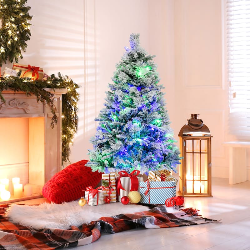 Gymax 4.5/6/7 FT Pre-Lit Artificial Christmas Tree Snow-Flocked Hinged