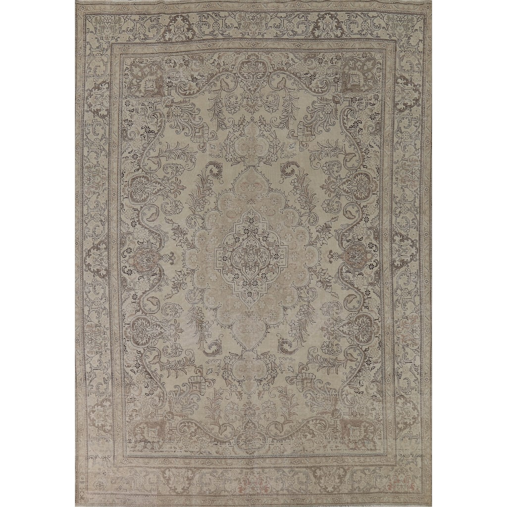Muted Distressed Tabriz Vintage Persian Area Rug Handmade Wool Carpet - 9'7" x 12'5"