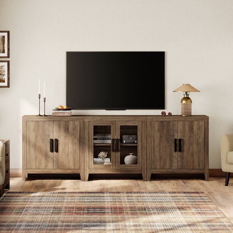 WAMPAT Farmhouse Buffet Cabinet with Glass Doors, 3-Piece Modular Sideboard with Adjustable Shelves