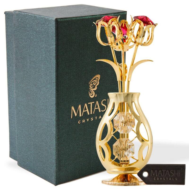 Matashi 24k Gold Plated Flowers Bouquet and Vase w/ Red & Clear Matashi Crystals | 24k Gold-Plated Table Top Decorations