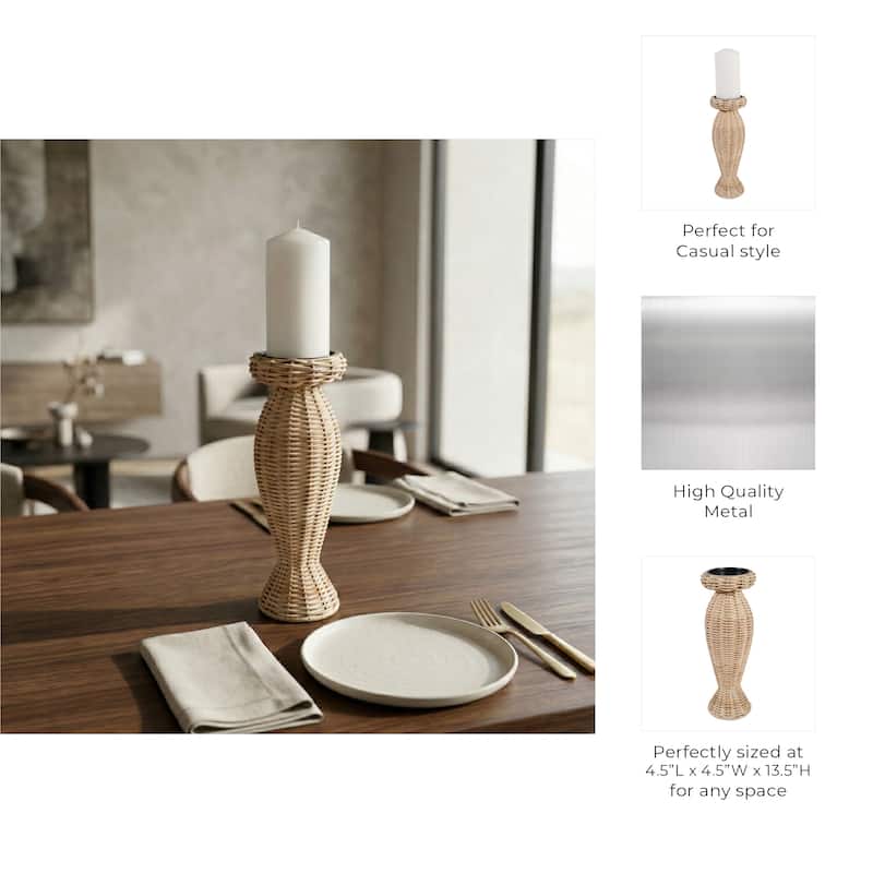 Candle Holder - Brown Metal Handwoven Raffia Pillar