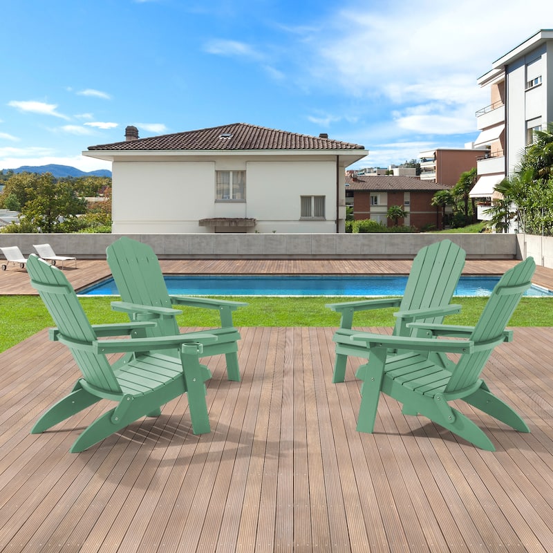LIVOOSUN Outdoor Folding Adirondack Chair w/Cup Holder Set of 4 - Dark Green