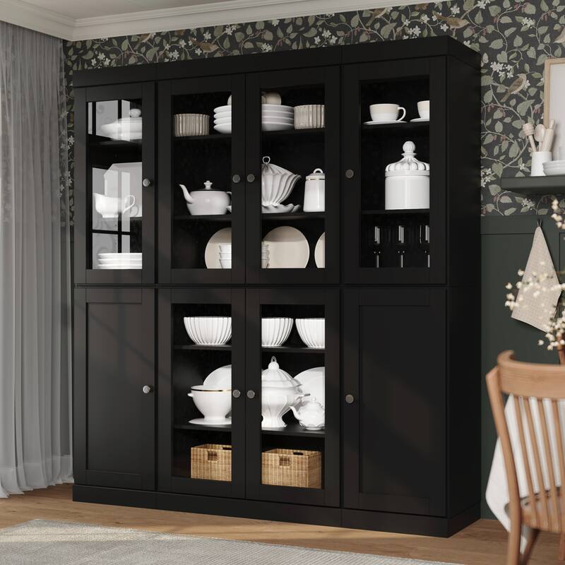 Palace Imports 100% Solid Wood 65" Pantry Cabinet with Clear Glass, Shaker Doors and Adjustable Shelves - Black