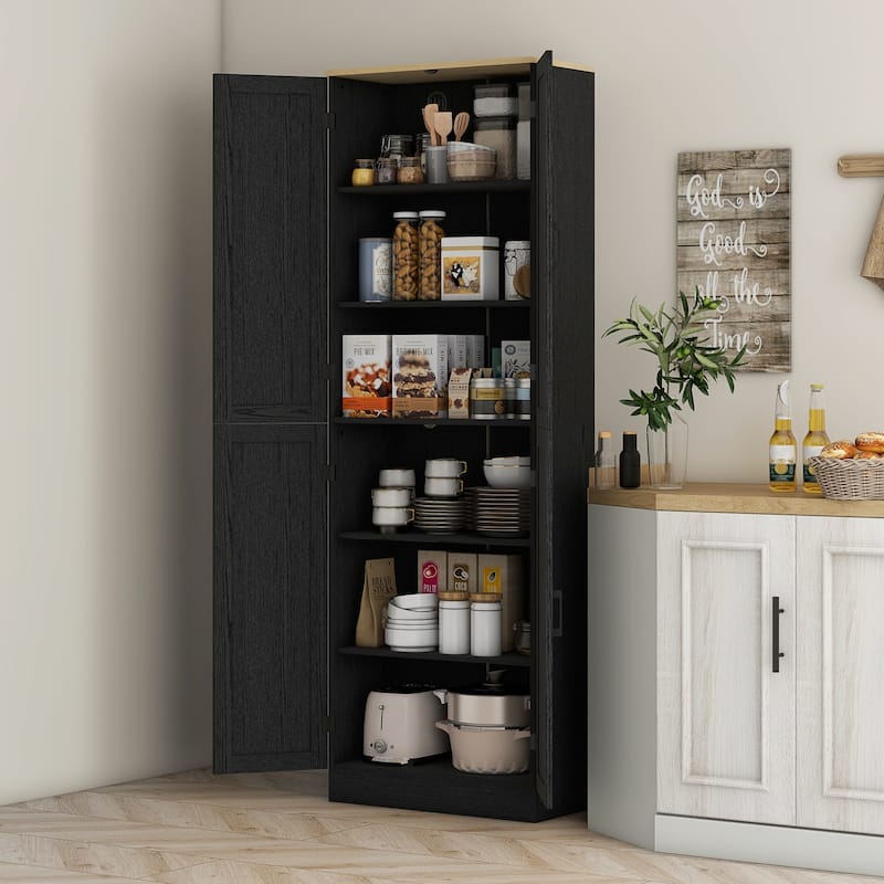 6-Tier Kitchen Pantry Cabinet with Adjustable Shelves and Recessed Doors Metal Handles - 23.5" W x11.75" D x 67.25" H - Black