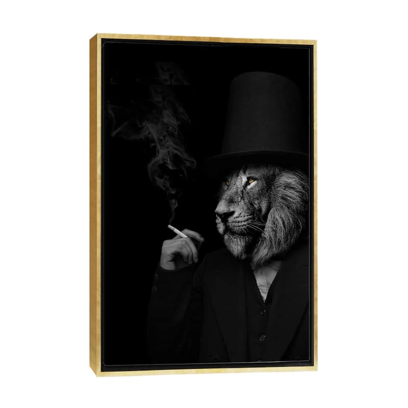 iCanvas "Man In The Form Of A Lion Person Black And White Smoking" by Adrian Vieriu Framed - Gold - 40x26