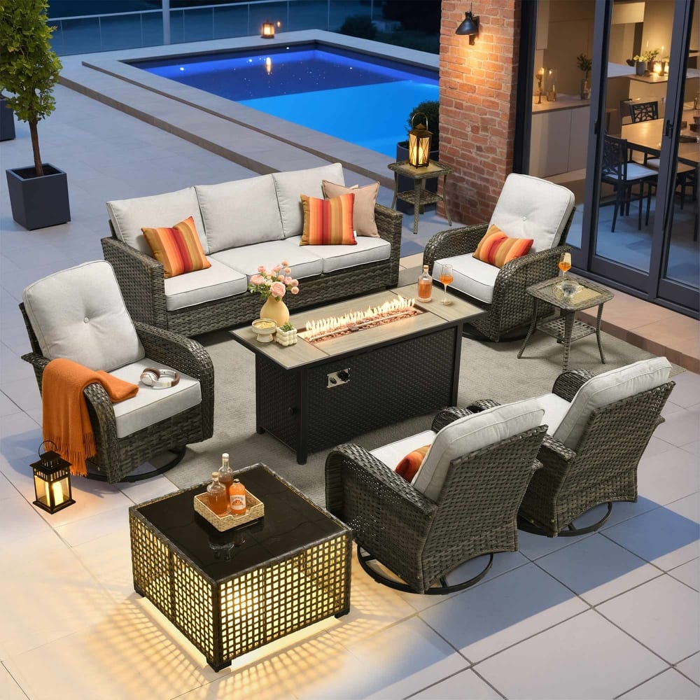 OVIOS 9 Piece Outdoor Wicker Sofa Swivel Chair Set with 54" Fire Table