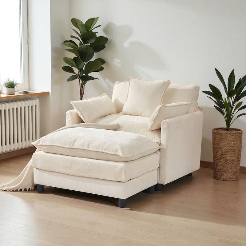 Modern Chenille Accent Chair with Ottoman, Oversized Upholstered Armchair for Living Room & Bedroom Reading - Beige