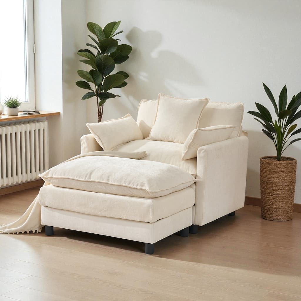 Modern Chenille Accent Chair with Ottoman, Oversized Upholstered Armchair for Living Room & Bedroom Reading