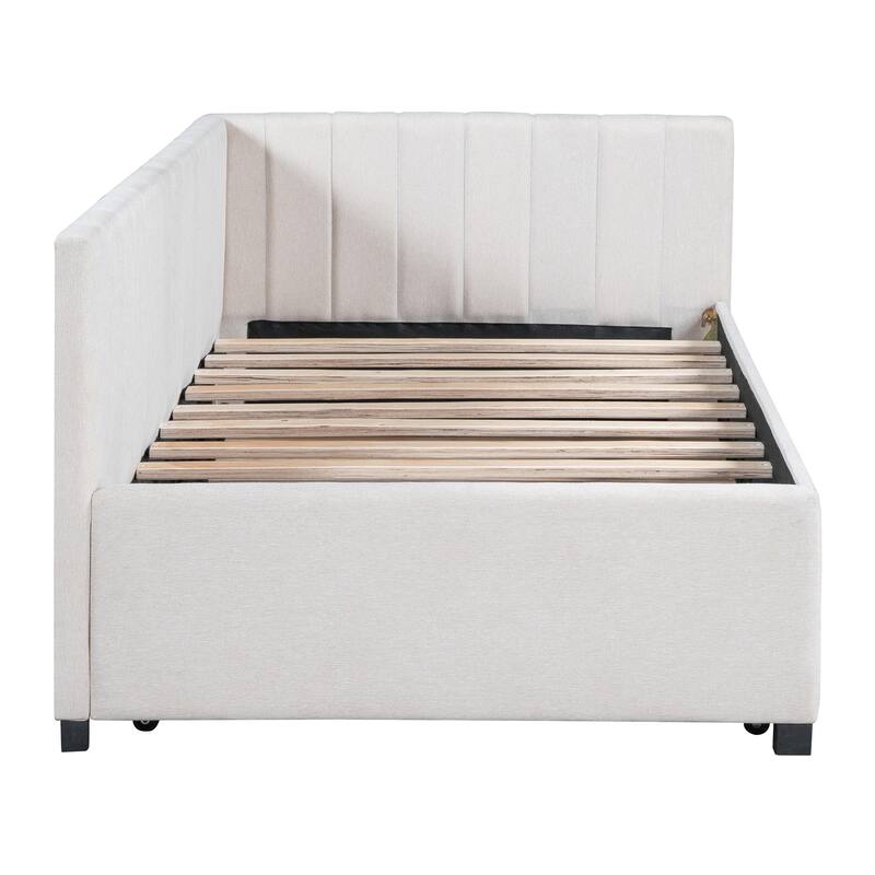 L Shaped Backrest Daybed Slat Support Sofa Bed Linen Fabric Upholstered Bed Frame with Twin Size Trundle, Twin - Beige