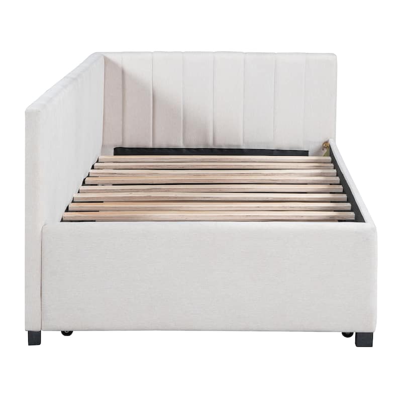 Upholstered Daybed with Twin Size Trundle, Twin Size Linen Fabric Sofa Bed Frame with L-Shaped Headboard, No Box Spring Needed