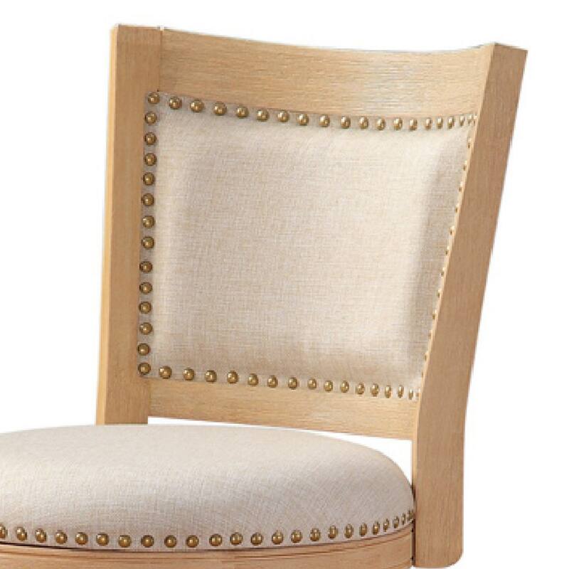Kia 24 Inch Solid Wood Swivel Counter Stool, Curved Panel Back, Brass Nailheads, Ivory