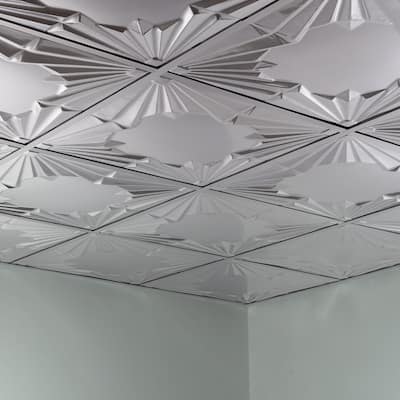 Fasade Art Deco Decorative Vinyl 2ft x 2ft Lay In Ceiling Tile in Brushed Aluminum (5 Pack)