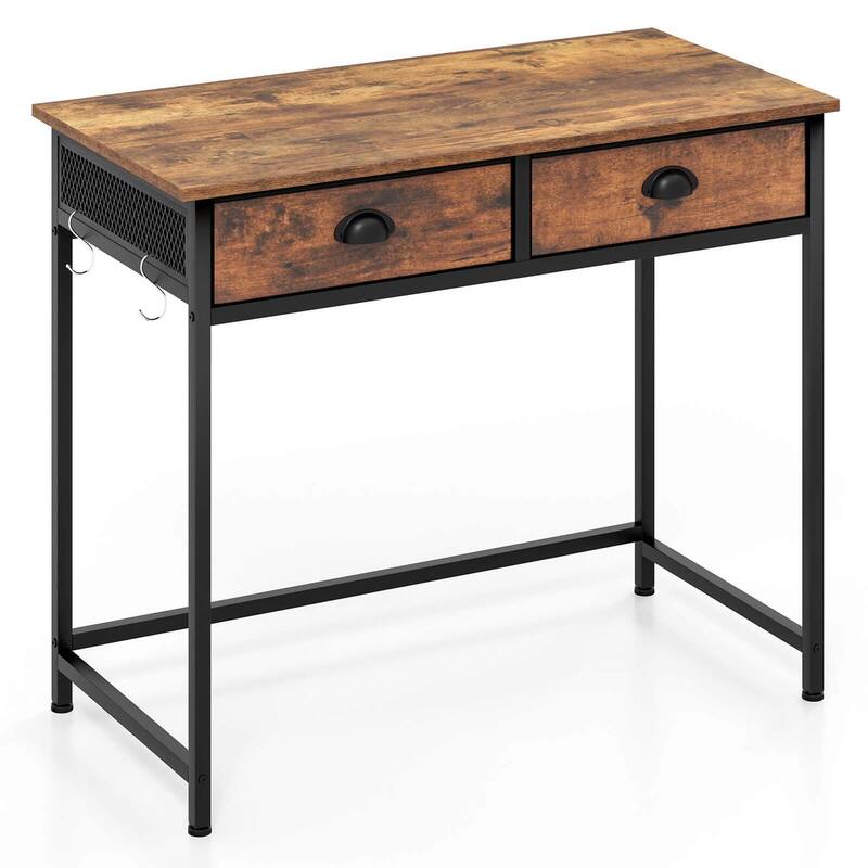 36'' Space Saving Laptop Desk Small Computer Desk w/ Hooks - Brown