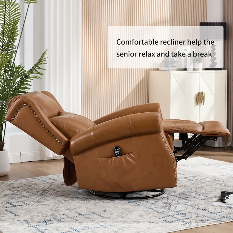 360° Swivel Rocking Recliner with Heat & Massage, Genuine Leather