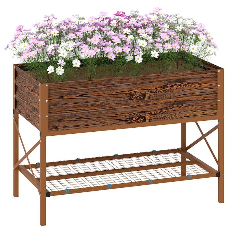 Outsunny Raised Garden Bed with Galvanized Steel Frame, Storage Shelf and Bed Liner, Elevated Planter Box
