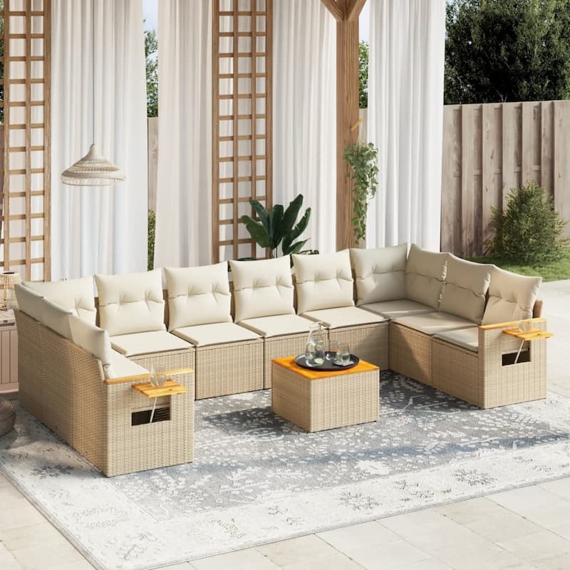 vidaXL Patio Sofa Set with Cushions Outdoor Conversation Furniture Poly Rattan - Beige and cream with table - 21.7 x 21.7 x 14.6 in