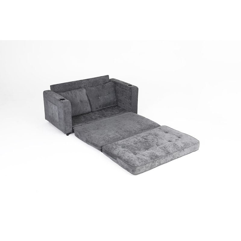 Sofa Bed with Pull-Out Straps, Velvet Sleeper Sofa with Side Storage Bags, Convertible Lounge Chaise Loveseat Daybed