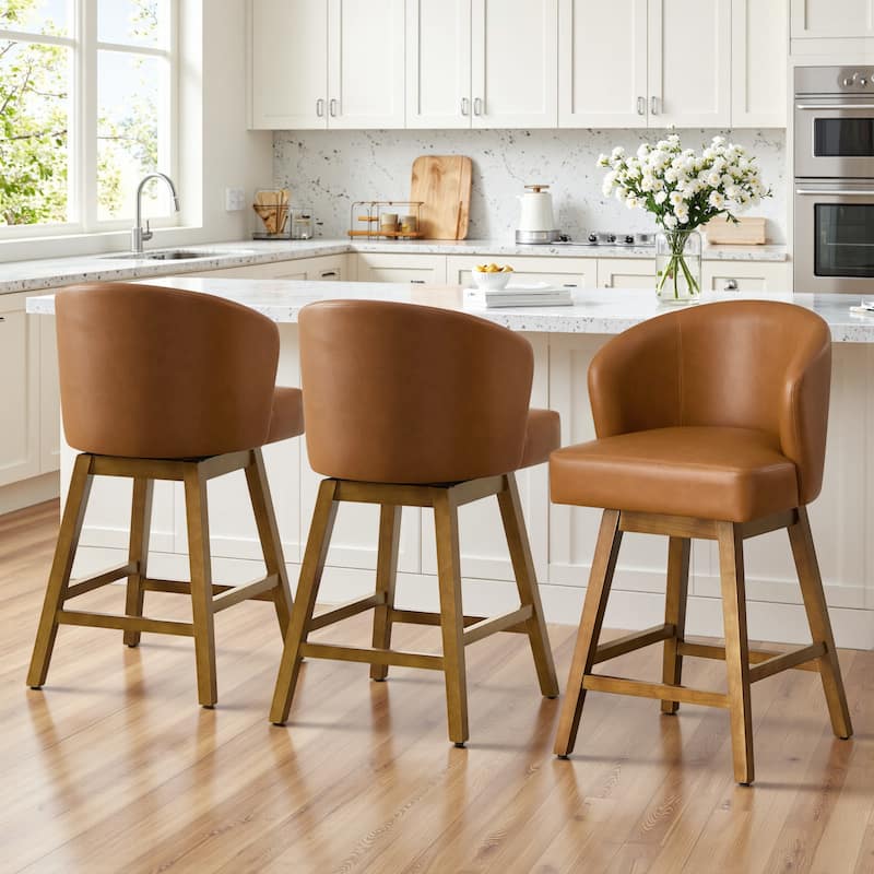 26 Inch Upholstered Swivel Counter Height Bar Stools with Back and Solid Wood Frame - 37.8"H x 20.9"W x 21.3"D