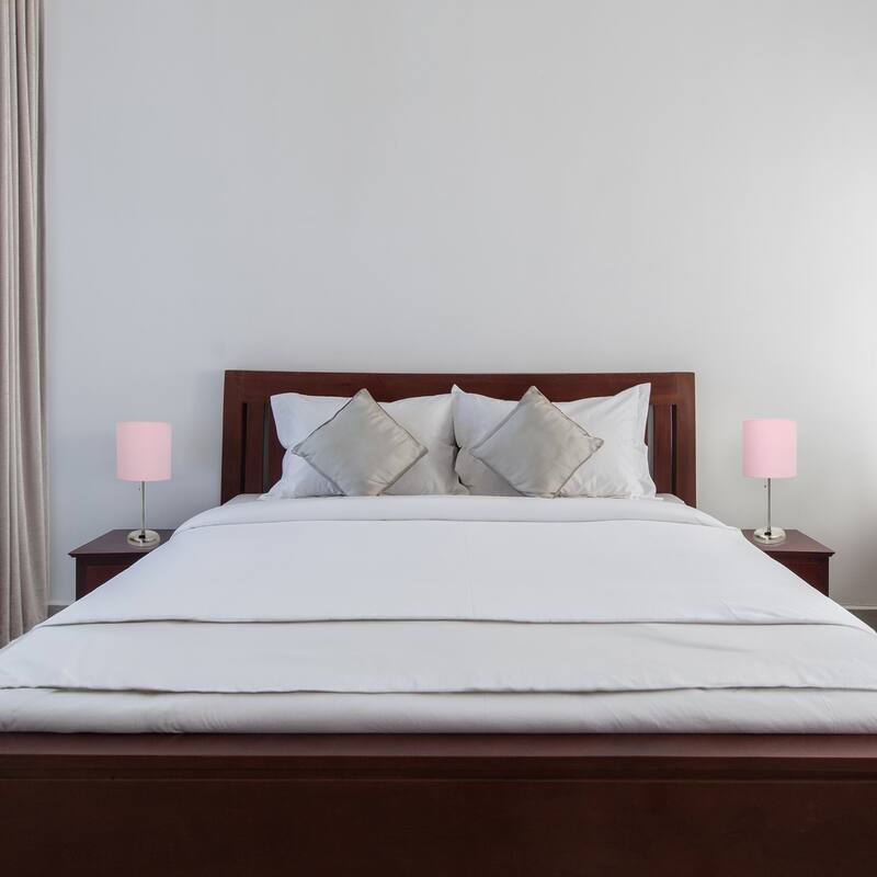 19.5 in. Brushed Steel Finish Table Lamp with Pink Shade, Desk Lamp for Writing and Computer Desks, Set of 2