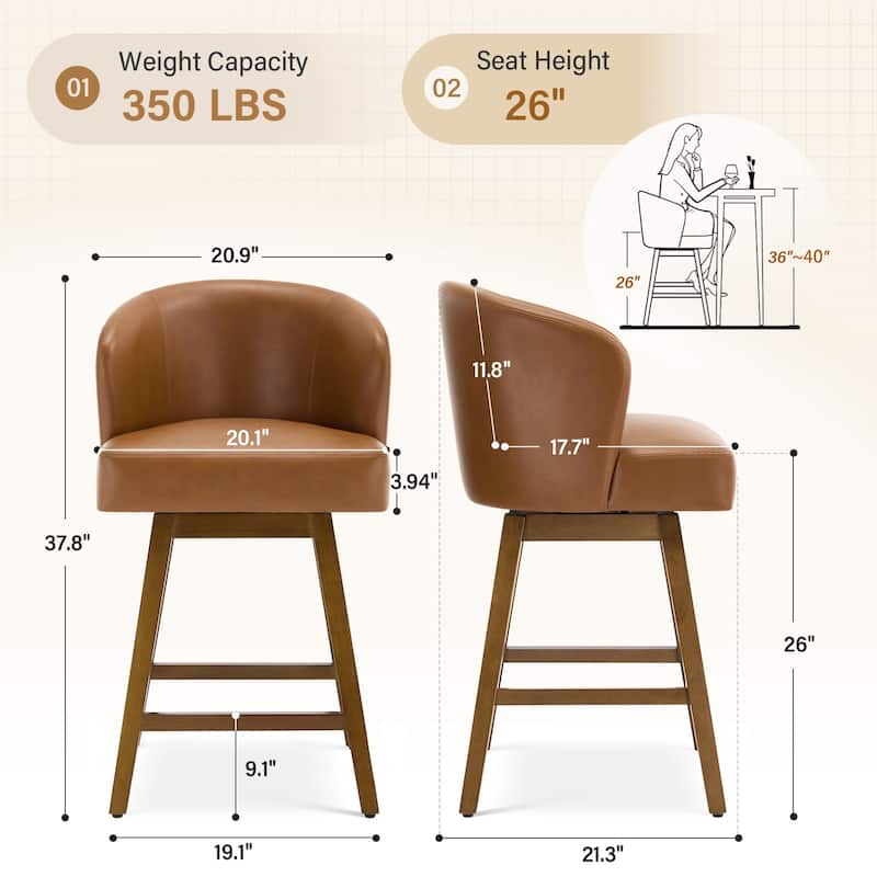 26 Inch Upholstered Swivel Counter Height Bar Stools with Back and Solid Wood Frame - 37.8"H x 20.9"W x 21.3"D