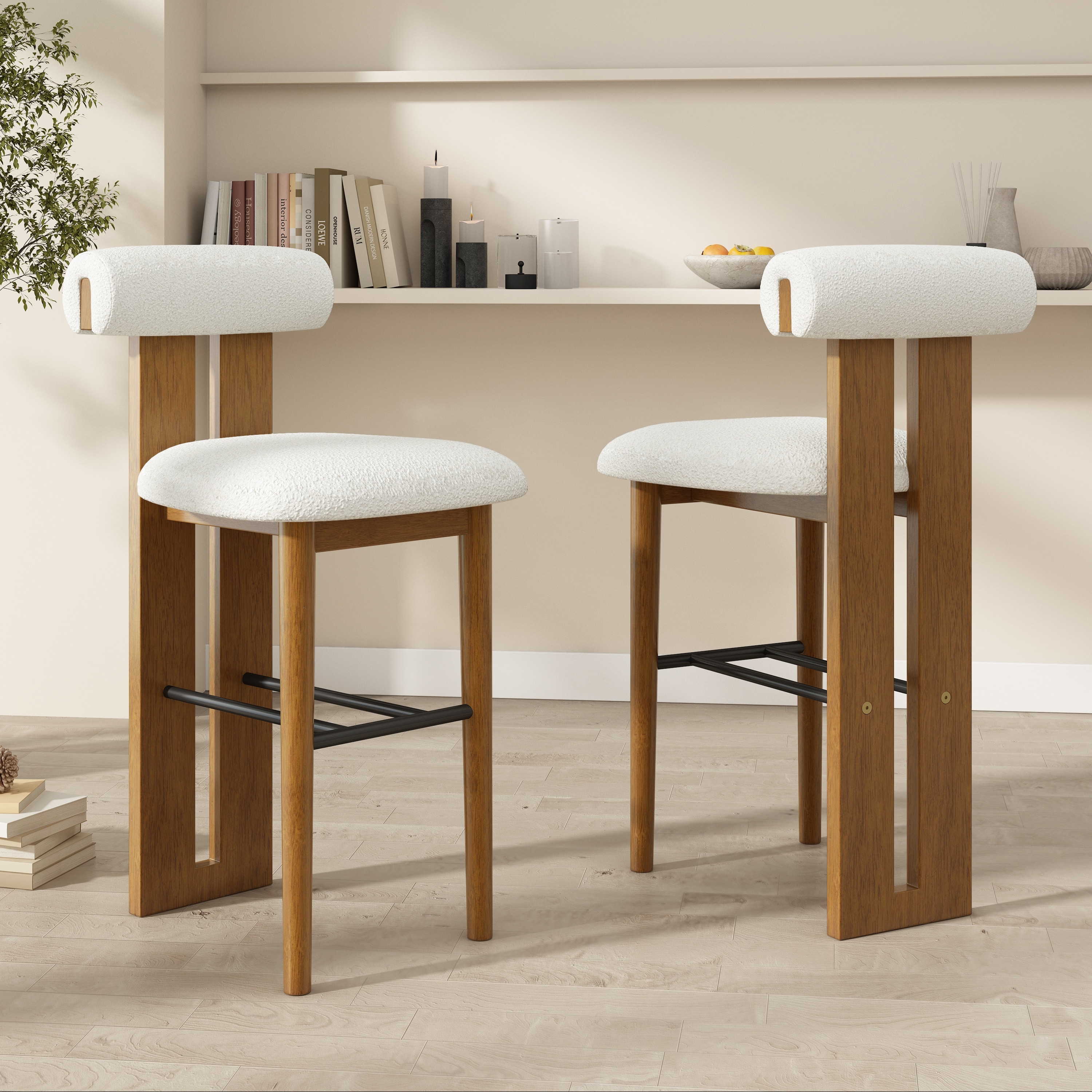 Indoor Wooden Upholstered Barstool, Walnut Finished and Ivory Upholstery, Set of 2