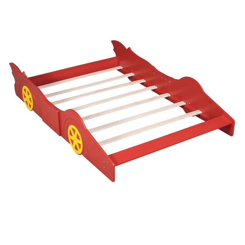 Full Size Race Car-Shaped Platform Bed with Wheels Wooden Platform Bed Frame with Support Slats, Twin Floor Bed