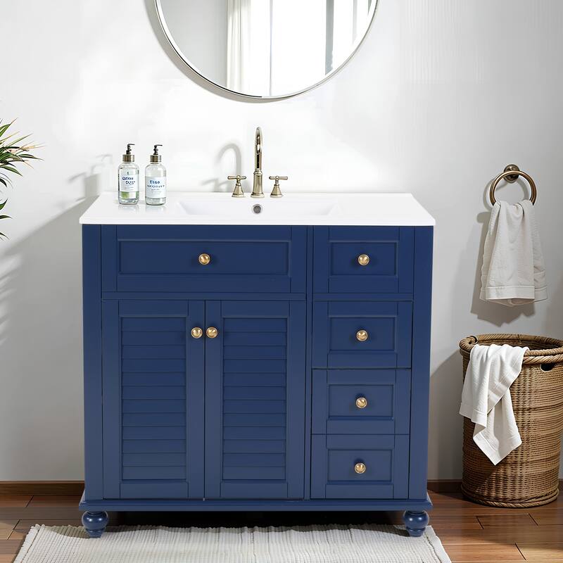 36" Blue Bathroom Vanity with Ceramic Sink - Soft-Close Drawers, Solid Wood Frame, Multi-Organizer Storage