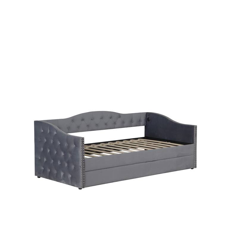 Twin Size Upholstered Daybed with Trundle and USB Charging Design, Sturdy Wood Slat Support, Wood Bed Frame,Plush Velvet Fabric